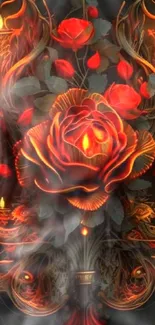 Fiery rose with candlelit design on a dark background mobile wallpaper.