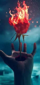 Fiery rose emerging from a hand against a dark, mystical backdrop.