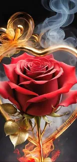 Red rose in golden heart with smoke.