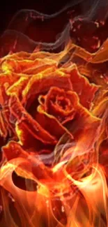 Fiery red rose amidst bright flames, perfect for dynamic mobile wallpapers.