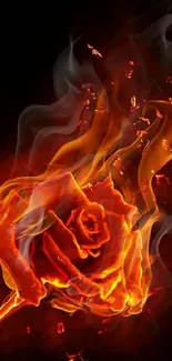 Mobile wallpaper of a fiery rose with vibrant orange flames.