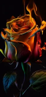 Fiery rose with glowing petals against a dark background, perfect for mobile wallpaper.