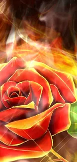 Fiery rose amidst flames on mobile wallpaper.