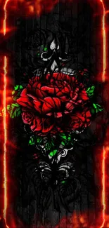 Artistic wallpaper featuring red rose with fiery background on mobile screen.