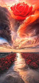 Surreal fiery rose sky artwork wallpaper.