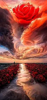 Dramatic sky with fiery red rose and vivid landscape mobile wallpaper.