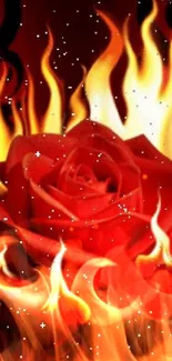 Fiery red rose with flames wallpaper.