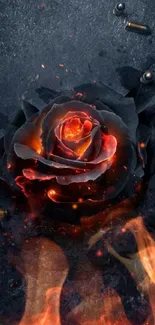 Dark rose with fiery glow and bullets on textured background.