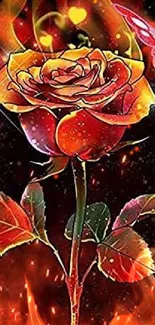 Fiery rose with butterflies, vibrant mobile background.