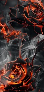 Fiery roses intertwined with smoke in artistic wallpaper.