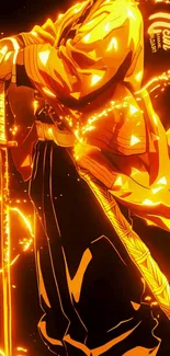 Fiery samurai with sword in glowing orange anime style.
