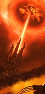 Fiery sci-fi scene with orange beams and towering structures.