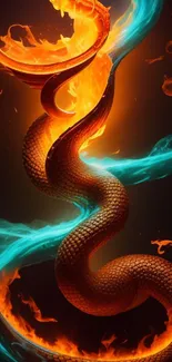 Fiery serpent with flames and blue swirls on a dark background.