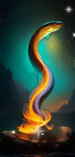 Fiery serpent emerges from flames in a mystical fantasy scene.