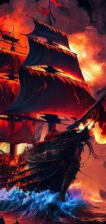 A fiery ship sailing ocean with dramatic flames.