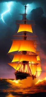 Fiery sailing ship under a stormy night sky.