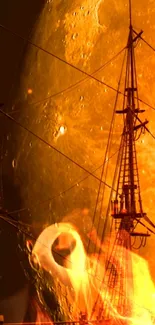 Silhouette of a ship against a glowing orange moon.