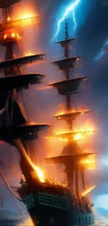 Fiery ship sailing through a vivid ocean storm, highlighted by lightning bolts.