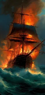 Ship engulfed in flames on stormy seas, creating a dramatic scene.