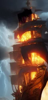 A pirate ship engulfed in flames during a storm with lightning.