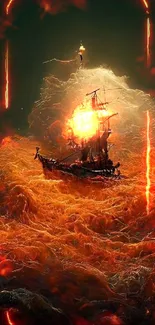 Ship sailing through fiery stormy sea under a glowing sky.