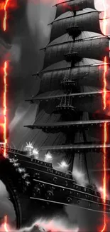 Black ship amidst fiery flames in stormy sea.