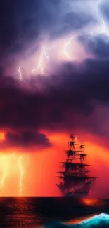 Stormy sea with ship and lightning under vibrant orange sky.