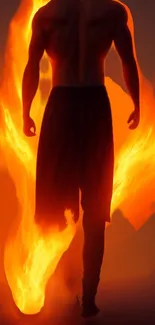 Silhouette of a person engulfed in orange flames on a dark background.