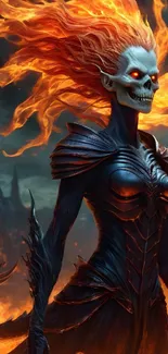 Fiery skeletal figure with flaming hair in fantasy art.