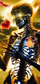 A glowing skeleton holds a heart, surrounded by flames and bright colors in fantasy art.