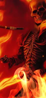 Fiery skeleton with red flames and vibrant orange background art.