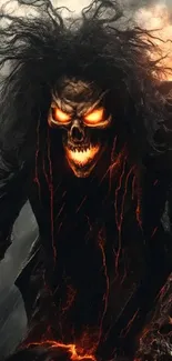 Fiery skeleton with glowing eyes and tendrils on dark background.