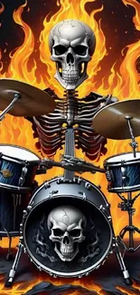 Fiery skeleton playing drums with vibrant flames background.