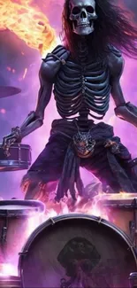 Fiery skeleton drummer creating intense musical energy.