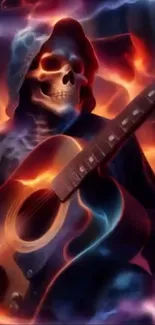 Fiery skeleton playing guitar with vibrant flames.