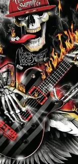 Fiery skeleton playing guitar with wings and flames.