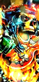 Skeleton playing guitar surrounded by flames.