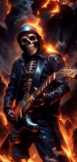 Fiery skeleton playing guitar amidst blazing flames.