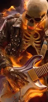 Skeleton playing guitar with flames.