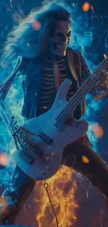 Skeleton guitarist engulfed in blue flames.