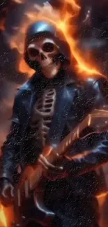 Fiery skeleton guitarist with flames.