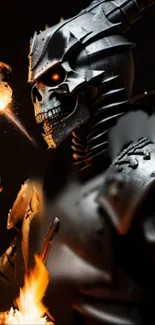 Skeleton in fiery armor with burning accents, for mobile wallpaper.