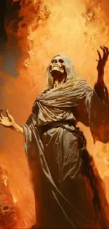 Fiery skeleton in cloak surrounded by flames, creating a dramatic wallpaper.