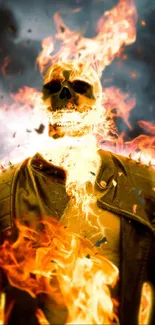 Dynamic skeleton engulfed in flames against dark clouds, intense mobile wallpaper.