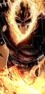 Fiery skeleton in a leather jacket with intense flames around.