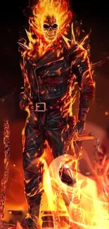 Fiery skeleton in black leather amidst flames.