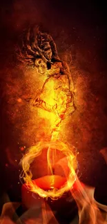 Skeleton engulfed in flames on a dark background wallpaper.