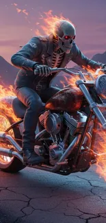 Flaming skeleton rides motorcycle through rugged terrain.