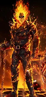 Fiery skeleton on motorcycle, engulfed in flames, creating a dynamic phone wallpaper.