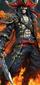 Fiery skeleton pirate artwork with vibrant details and intense colors.